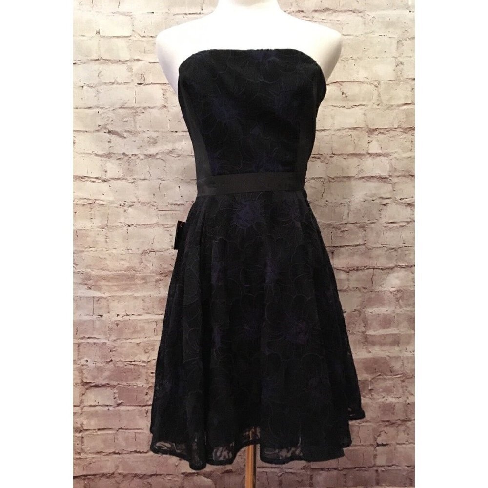 bebe Vibrant Contrast Black Blue Lace Floral Fit & Flare Party Dress Size 0 NEW